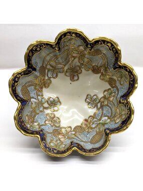 Hand-Painted Nippon three-footed vintage gold guilt and blue floral porcelain bo